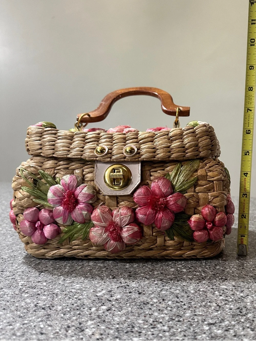 Vintage Woven Straw Basket Box Purse Handbag Wood Handle Raffia Flowers 10x6” - Picture 8 of 10